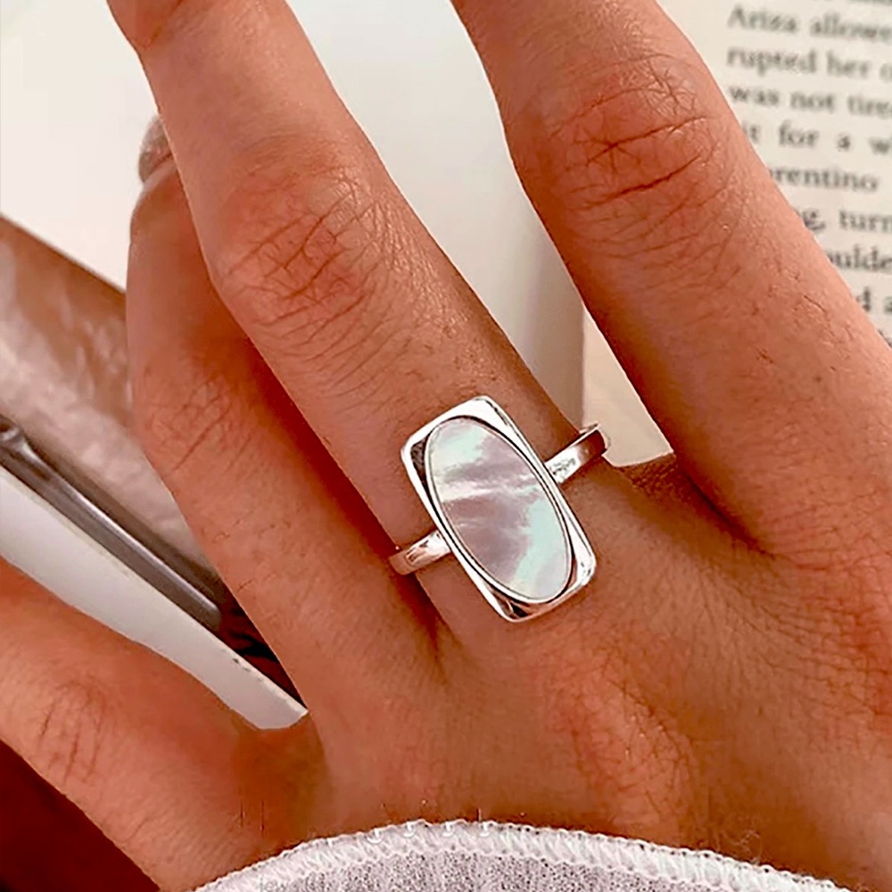 925 Sterling Silver Geometric Square White Shell Ring